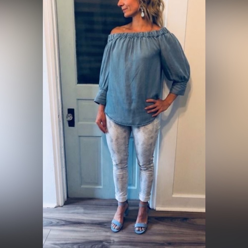 SOnG OF STYLE Denim off the shoulder peasants top XL ruffle 3/4 sleeves